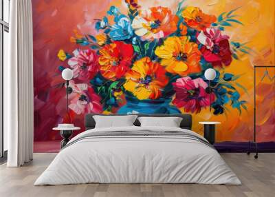 Vibrant floral painting of multicolored flowers in blue vase against warm gradient background. Beautiful abstract artistry showcasing colorful flower arrangement. Wall mural