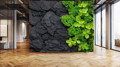 Vibrant green plants and moss growing alongside dark, textured rock formations. Natural contrast showcasing lush foliage and rugged stone surface. Wall mural