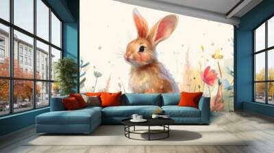 Watercolor illustration of adorable bunny hopping through a blooming garden, assortment, Artificial Intelligence. Wall mural