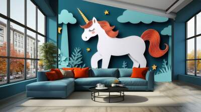 Whimsical paper-cut style unicorn with red mane on teal background with stars, clouds, and foliage. A magical fantasy illustration for kids. Wall mural