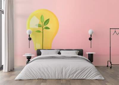 Yellow light bulb with a green plant inside against a pink background, symbolizing eco-friendly energy and innovation, growth, and sustainability. Wall mural