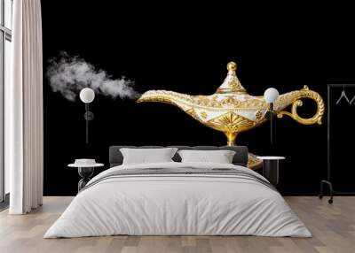 Antique Aladdin magic lamp isolated on black background with smoke. Wall mural