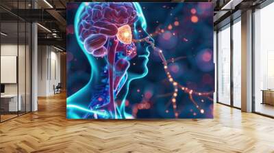 3D illustration of the human brain and nervous system, showcasing neural pathways and connections with a futuristic background. Wall mural