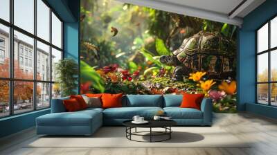 A beautiful and realistic painting of a turtle in a lush green forest Wall mural