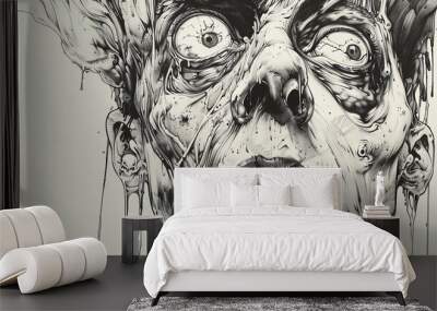 A black and white drawing of a man's face. The man's face is melting and his eyes are wide with fear. Wall mural