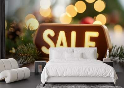 A illuminated sale sign amidst festive decorations, ideal for promoting holiday discounts and special offers. Wall mural