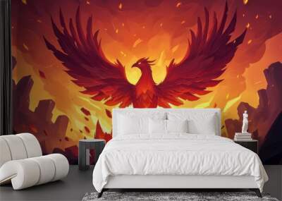 A majestic phoenix rises from the flames, embodying rebirth and resilience in a vibrant, fiery scene. Wall mural