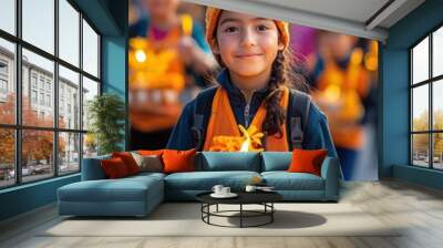 A young girl proudly holds a festive candle arrangement, surrounded by children in vibrant orange attire at a cultural celebration. Wall mural