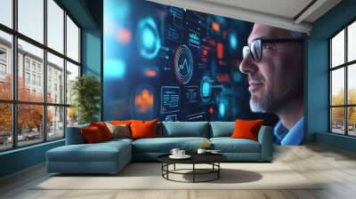 Businessman analyzing digital data on futuristic interface, profile view. Wall mural