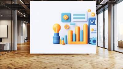 Colorful 3D elements representing data analysis, including charts, graphs, and icons for business insights. Wall mural