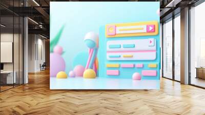 Colorful 3D illustration of a music player with playful elements and vibrant shapes on a soft blue background. Wall mural