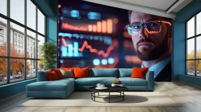 Confident businessman analyzing financial data on a digital screen. Innovative technology and strategic decision-making are highlighted. Wall mural