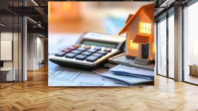 Cozy model house in warm light on financial papers with calculator, symbolizing real estate investment, mortgage, and financial planning. Wall mural