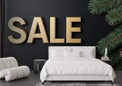 Elegant sale sign framed by festive greenery, perfect for promoting seasonal discounts and holiday shopping ideas. Wall mural