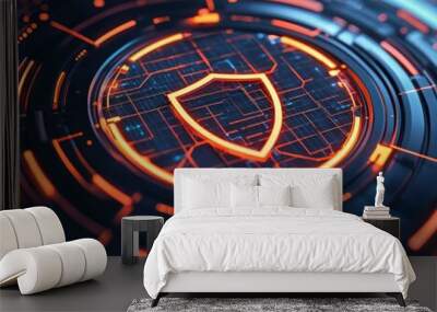 Holographic defense barrier with digital shields and cyber defense grids, Cyber Defense, Defense Barrier Wall mural