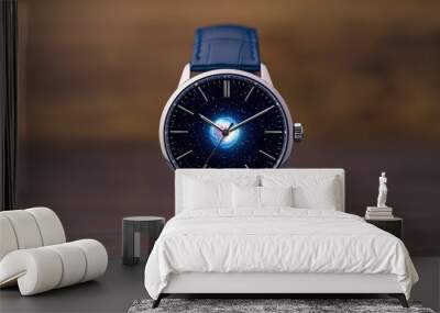 Stylish watch with galaxy design on face, placed on a wooden surface. Wall mural