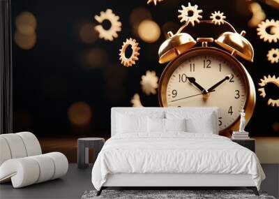 Vintage alarm clock with floating gears on dark background. Wall mural