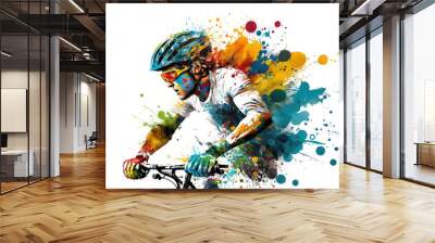 a man ride a bike colorful splash isolated on white background Wall mural