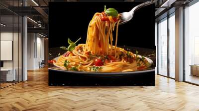 Appetizing spaghetti rolled on fork with typical Italian Wall mural