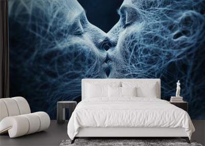 A close-up of two people kissing, their lips intertwined in a tender gesture, with the kiss depicted as a complex web or network made up of thin lines that connect them together.  Wall mural