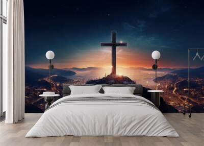 Concept of faith in God. Silhouette of a religious cross on hill in clouds. Hope for salvation, request for help to heaven Wall mural