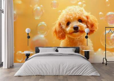 Curly Poodle puppy with soap bubbles Wall mural