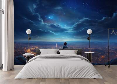 girl at cliff with starry sky over city lights boom as background, Wall mural