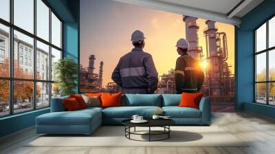 Refinery industry engineer are working and discussing at front oil and gas industrial factory,Oil refinery plant for industry.. Wall mural