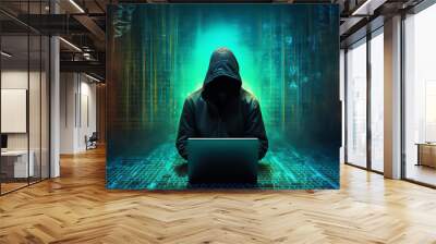 A hooded figure hacking data servers and laptops on the internet while trying to hack vulnerable systems to test cybersecurity and plant a virus or malware, stock illustration image Wall mural