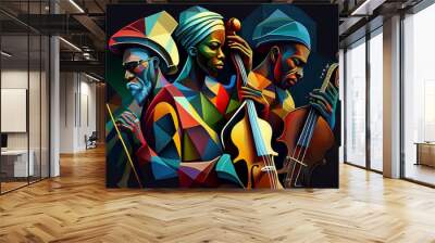 Afro-American female and male classical musician orchestra playing a cello in an abstract cubist style painting for a music poster or flyer, computer Generative AI stock illustration image Wall mural