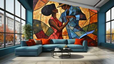 Afro- American male and female couple dancing the ballroom Calypso dance shown in an abstract cubist style watercolour oil painting for a poster or flyer, stock illustration image Wall mural