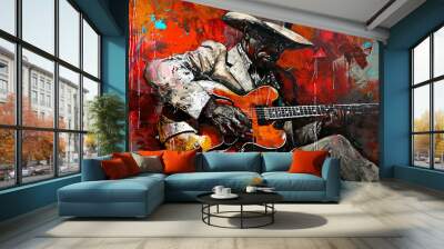 Afro-American male blues jazz guitarist musician playing an electric guitar in an abstract music style painting for a poster or flyer, stock illustration image Wall mural