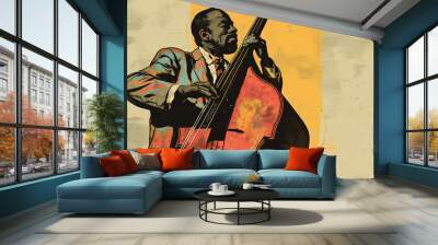 Afro-American male double bass jazz musician playing music in an abstract vintage distressed style painting for a poster or flyer, musical stock illustration image Wall mural