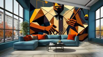 Afro-American male jazz musician drummer playing drums in an abstract geometric cubist style painting for a poster or flyer, computer Generative AI stock illustration image Wall mural