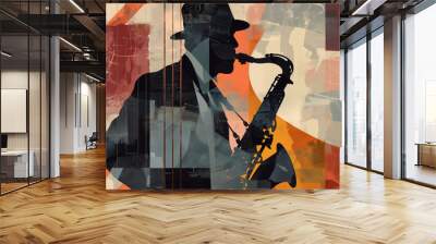 Afro-American male jazz musician saxophonist playing a saxophone in an abstract cubist style painting for a poster or flyer, stock illustration image Wall mural