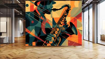 Afro-American male jazz musician saxophonist playing a saxophone in an abstract cubist style painting for a poster or flyer, stock illustration image Wall mural