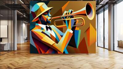 Afro-American male jazz musician trombonist playing a brass trombone in an abstract cubist style painting for a poster or flyer, computer Generative AI stock illustration Wall mural