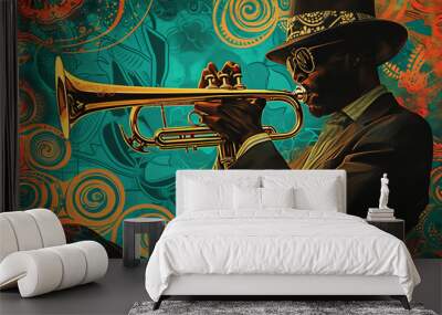 Afro-American male trumpeter musician playing a brass trumpet in an abstract vintage distressed style music painting for a poster or flyer, stock illustration image Wall mural