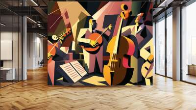 Afro-American New Orleans acoustic male jazz band musicians playing in an abstract cubist style painting for a poster or flyer, computer Generative AI stock illustration Wall mural