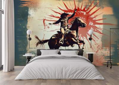 American rodeo cowboy riding his horse in the Wild West frontier of Texas in the style of a vintage distressed watercolour oil painting for an abstract retro poster or flyer, stock illustration image  Wall mural