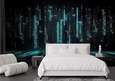 Binary computer matrix code data stream abstract background showing a coding transmission over the global internet network for cloud storage encryption, Generative AI stock illustration image Wall mural