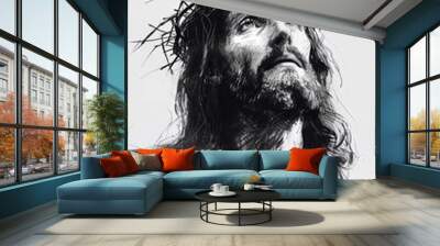 Black and white sketch drawing of the passion of Jesus Christ at the crucifixion and before ascending to Heaven to be with God celebrated as Easter Good Friday, stock illustration image  Wall mural