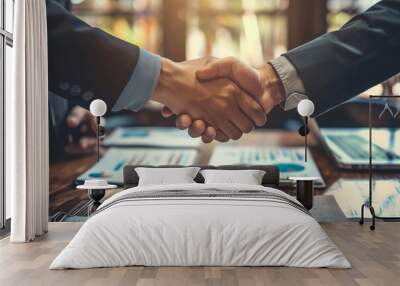 Business men in suits taking a handshake after making an investment contract agreement. Shaking hands is a way of sealing a financial deal in the corporate world,  stock illustration image Wall mural