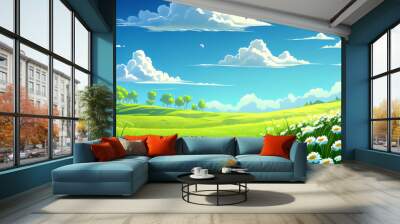 Carton meadow spring landscape background scenery of a springtime green pasture field with a blue summer sky and fluffy summertime clouds computer Generative AI stock illustration image Wall mural