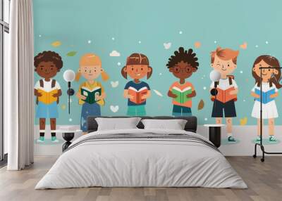 Cartoon of diverse children embracing the joy of learning through books, promoting inclusivity and knowledge in school education, stock illustration image Wall mural