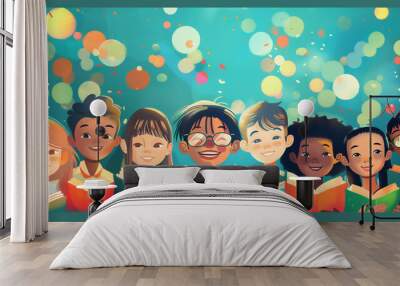 Cartoon of diverse children embracing the joy of learning through books, promoting inclusivity and knowledge in school education, stock illustration image Wall mural