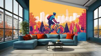 City bike cyclists shown in a contemporary athletic abstract design of a green environment cityscape, stock illustration image Wall mural