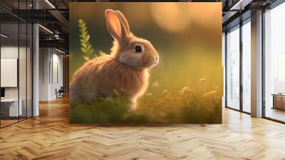 Cute Bunny rabbit sitting in a dreamy field at Easter during the spring season, Generative AI stock illustration image Wall mural