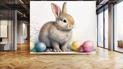 Easter bunny rabbit surrounded by colourful eggs with a pastel watercolour effect which is useful for a greeting card in spring, computer Generative AI stock illustration image Wall mural