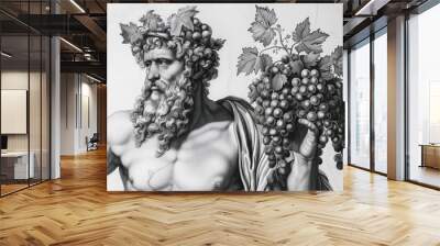 Engraved portrait of Bacchus the Roman god of wine who's father was Jupiter, the Greek equivalent is Dionysus, computer, black and white monochrome stock illustration image Wall mural